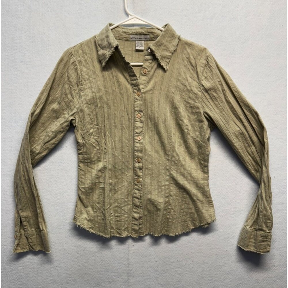 Avenue Outfit Stars Olive Green Button-Up Long Sleeve Shirt Frayed Womens L
